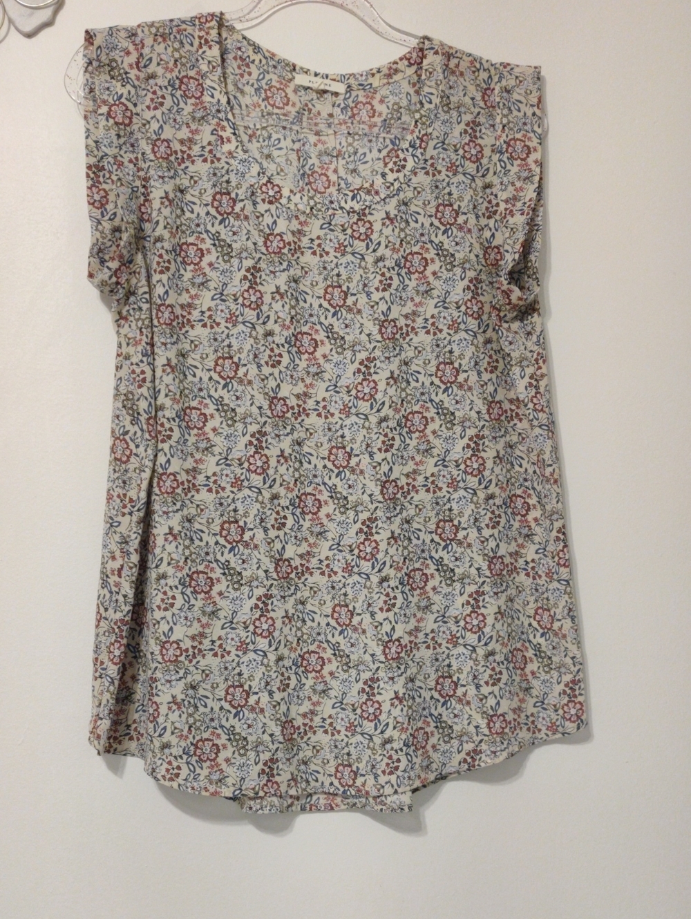 Pleione Cream Floral Cap-Sleeve Tunic with Red & Blue Accents